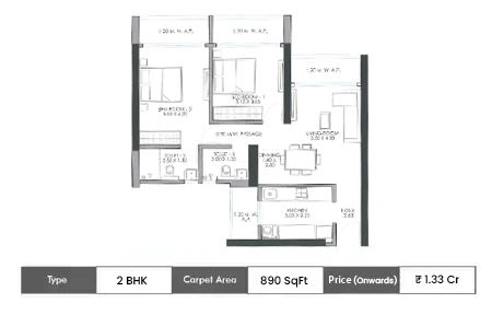2 BHK 890 SqFt